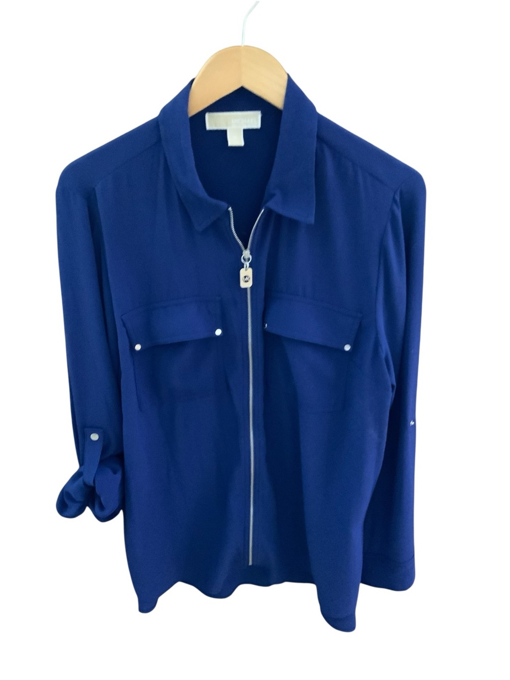 Michael Kors Blouse Womens XL Half Zip Roll Tab Utility Collared Pockets Top